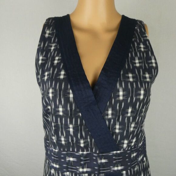 J. Crew Navy Faux Wrap Tie Sleeveless Mini Dress Cotton Linen Trim Ikat Size 2 - Picture 4 of 13